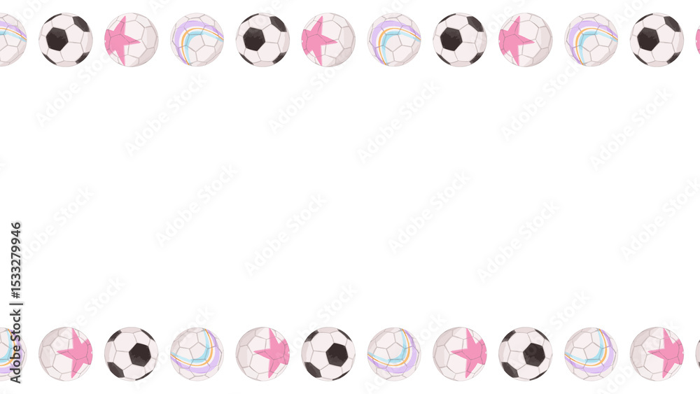 Naklejka premium Border showing alternating soccer balls, pink star and rainbow stripe balls on transparent backgro