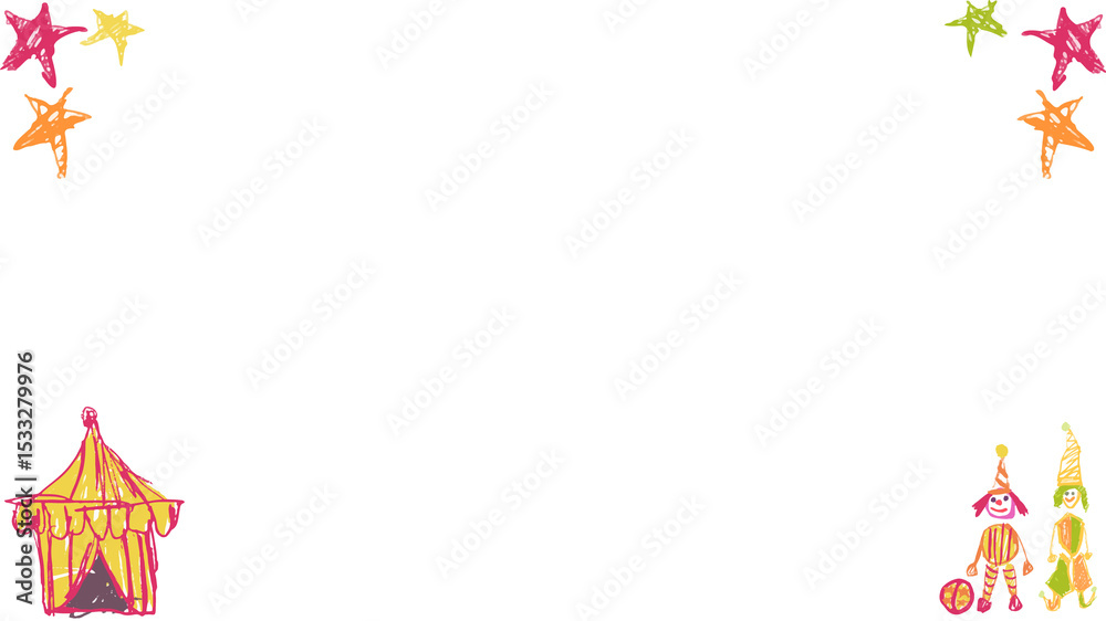 Fototapeta premium carnival border decorating transparent backdrop with striped tent, stars, clown duo performing