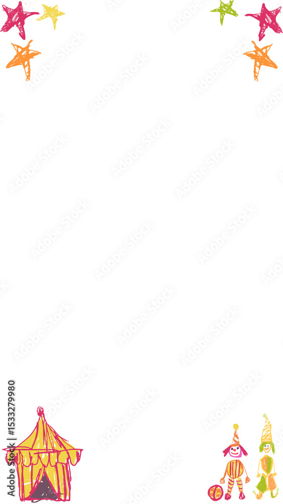 Fototapeta premium Carnival border is showing colorful stars, striped tent, clown performers, transparent background