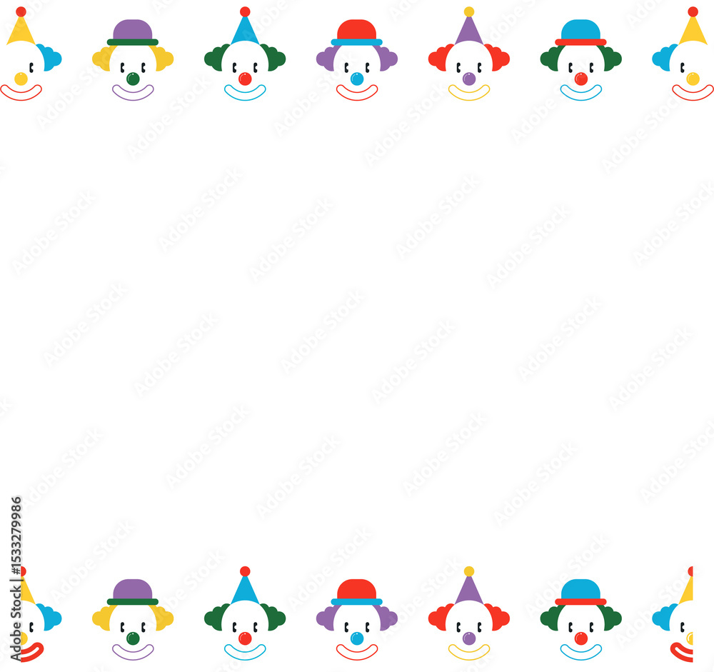 Fototapeta premium 14 clown heads are forming flat design border with hats, tufts on transparent backdrop, copy space