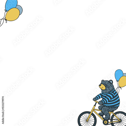 Flat design bear riding yellow bike with three colorful balloons on strings, transparent background
