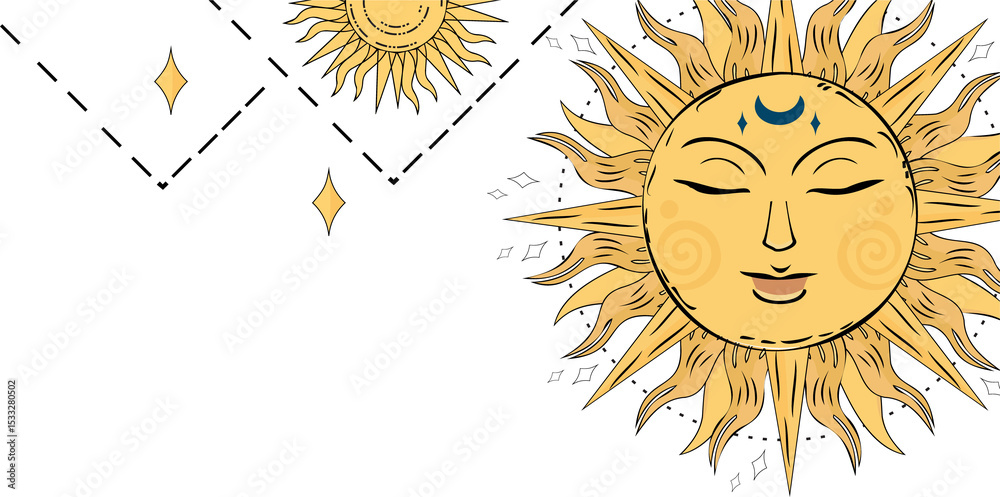 Fototapeta premium Sun is showcasing stylized sun face on transparent background with wavy rays crescent motif stars