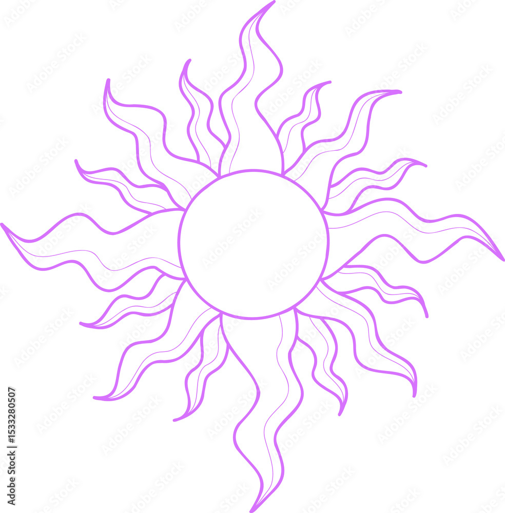 Fototapeta premium Stylized sun is radiating wavy rays in flat design with purple outline on transparent background