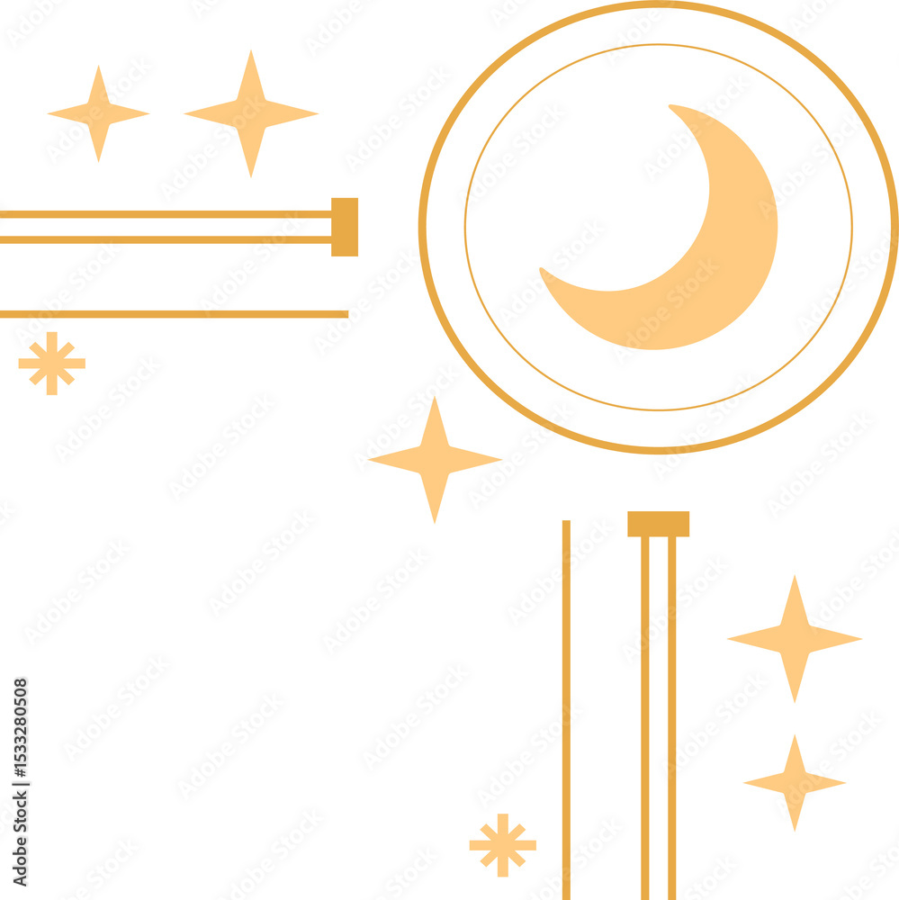 Naklejka premium Flat design is showing crescent moon in rings or stars or bursts or square-end lines on transparent