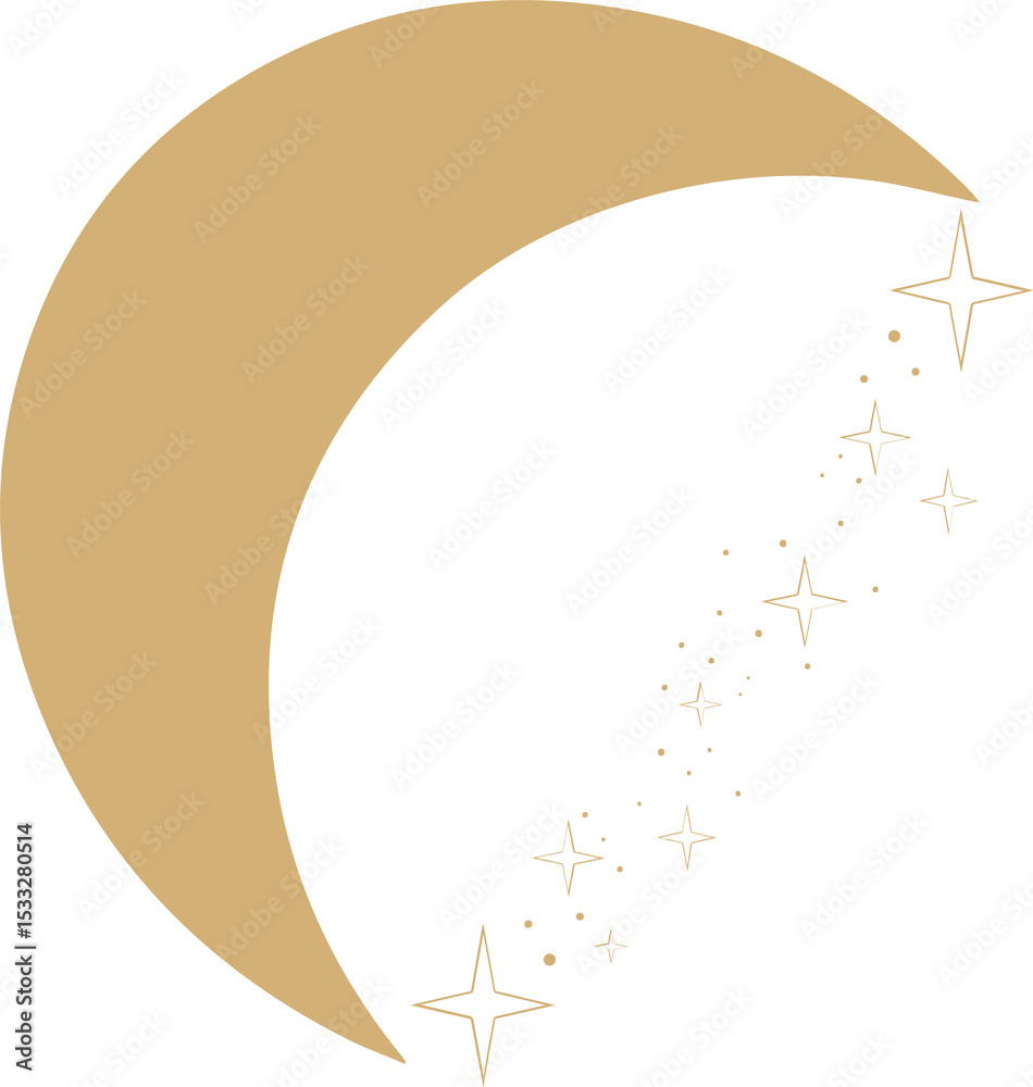 Fototapeta premium Golden crescent moon is emitting trailing stars and dots on transparent backdrop in vector graphic