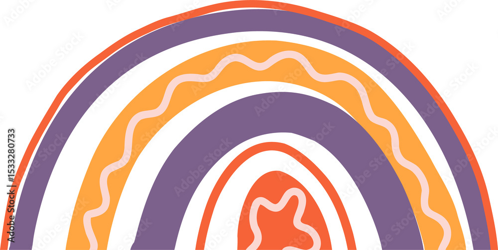 Fototapeta premium Showing abstract concentric orange purple yellow arches with white wavy star on transparent bg