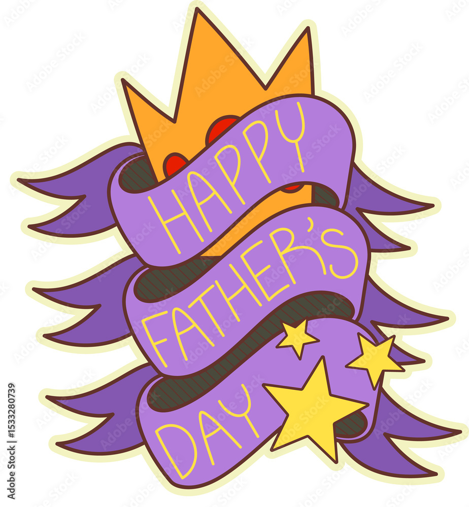 Fototapeta premium Father's Day badge displaying purple ribbon, orange crown, yellow stars on transparent background