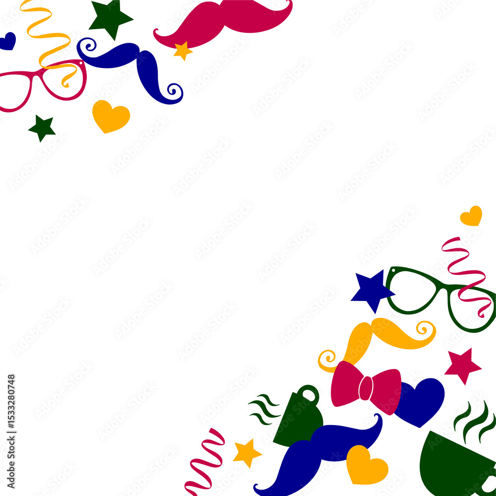 Obraz premium Party decorations are framing clear canvas, featuring moustaches, bow ties and confetti, copy space