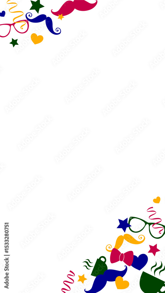 Fototapeta premium Carnival border forming on transparent canvas with mustaches, top hats, streamers, copy space