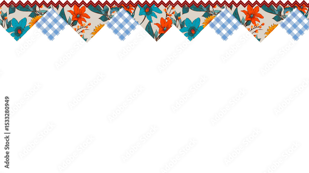 Obraz premium Flat border is featuring floral, gingham pennants, red zigzag stripe, lace motifs on transparent
