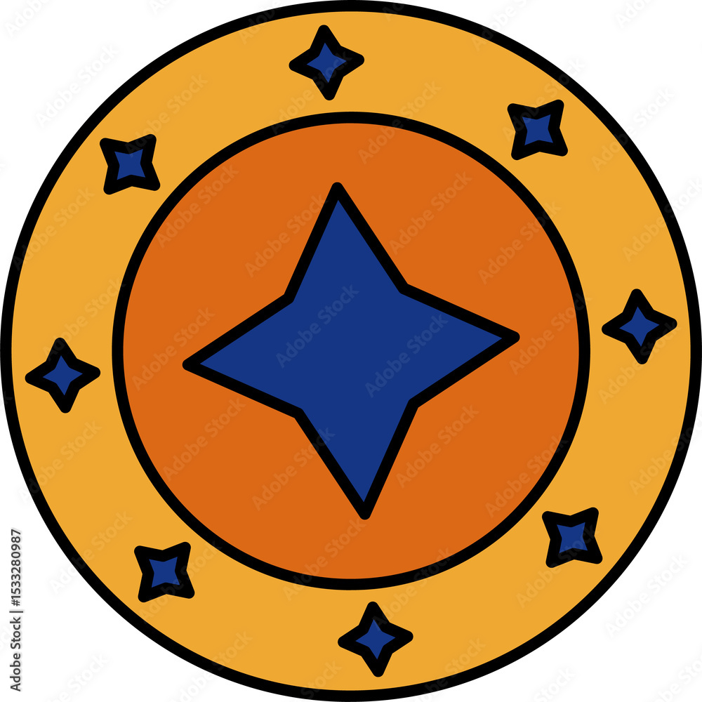 Fototapeta premium Flat emblem is featuring concentric rings, 4-pointed star and eight stars, transparent background