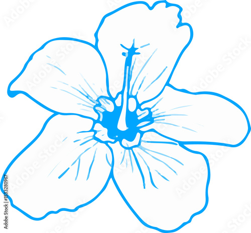 Flat vector flower art is floating on transparent background, showing cyan-blue outline and veins