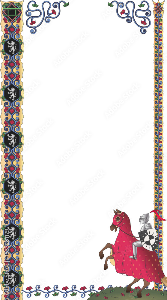 Naklejka premium Decorative medieval border is framing transparent backdrop with mounted knight and heraldic shields