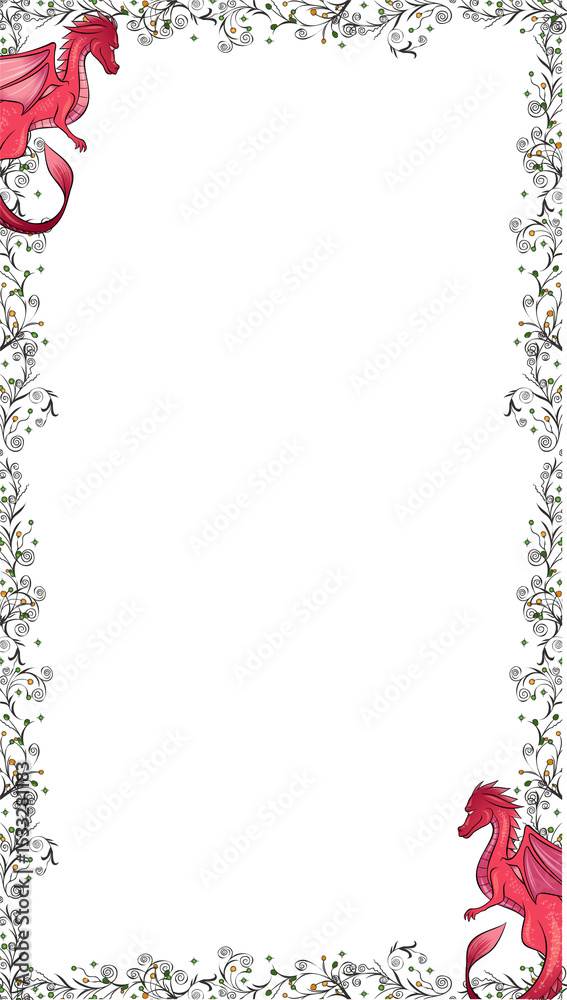 Fototapeta premium Vector illustration is showing paired red dragons framing vine border on transparent, copy space