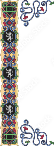 Showing flat medieval border merging gold band, lion shields, vines, motifs on transparent layer