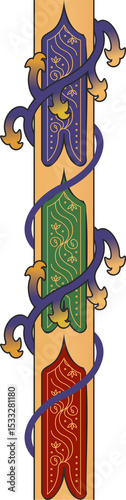 shield-panel design is being shown flat with gold filigree and purple vine on clear background