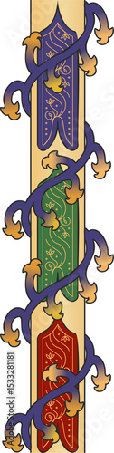 Flat pillar is being shown on clear background, with purple green red panels and winding vine