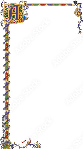 Illuminated border is showing gold trim, vines, initial, dragon and birds on transparent background