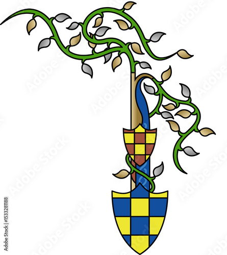 Flat shovel featuring handle accenting blue, checkered shields, vine wrapping blade on transparent