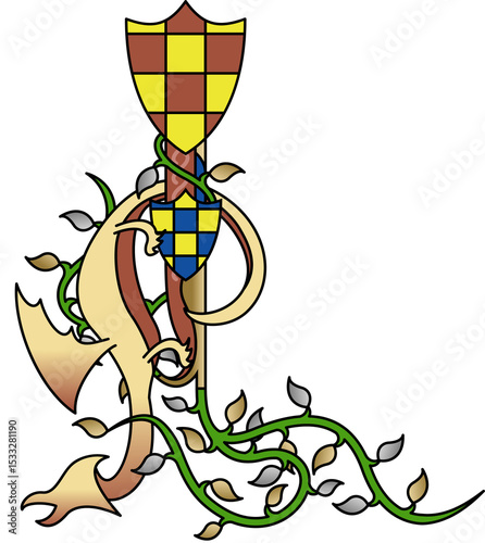 Medieval flat design crest is showing L-shaped shields, vine, metal leaves, transparent background