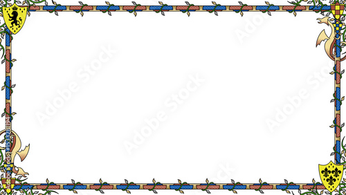 Medieval frame is showing dragons and shields in flat design on transparent background, copy space