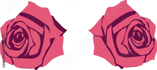 Displaying pair of pink roses overlapping geometric petals in flat vector on transparent background