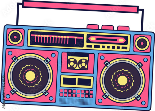 Flat design 1980s boombox is showing cassette deck, speakers, transparent background, copy space