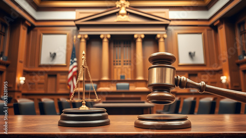Courtroom symbolizes law and authority through a judgment gavel