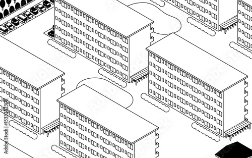 Isometric line drawing of oldJapanese apartment complexes with bicycles, cars, and landscaping in yellow and white colors, black and white