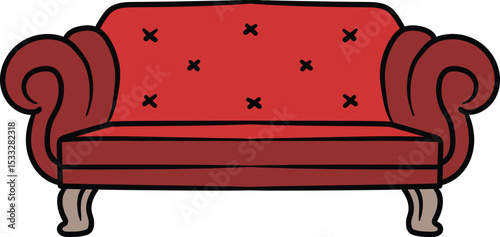Red cushioned sofa with armrests illustration