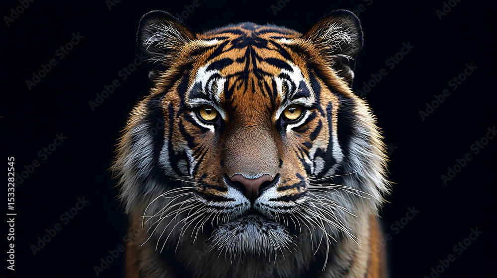 Fototapeta premium Close-up portrait of a tiger against a black background.