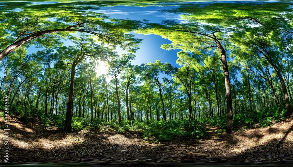 Naklejka premium Lush forest canopy with sunlight filtering through the trees.