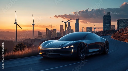 Futuristic electric car on a winding road with windmills and a modern city skyline in the background. 