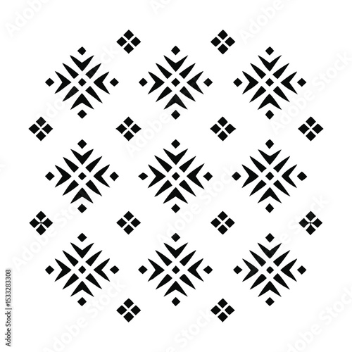 Seamless Aztec Geometric Pattern with Black Diamonds and Zigzags on a Clean White Background.
