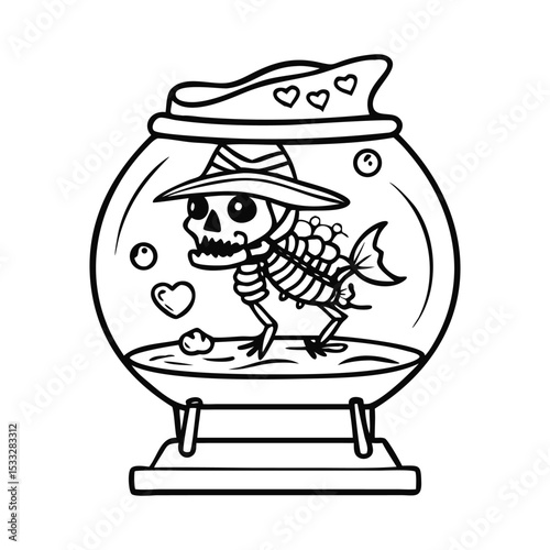 Spooky Skeleton Fish in Heart-Shaped Bowl with Pirate Hat Fun Halloween Coloring Page Design.