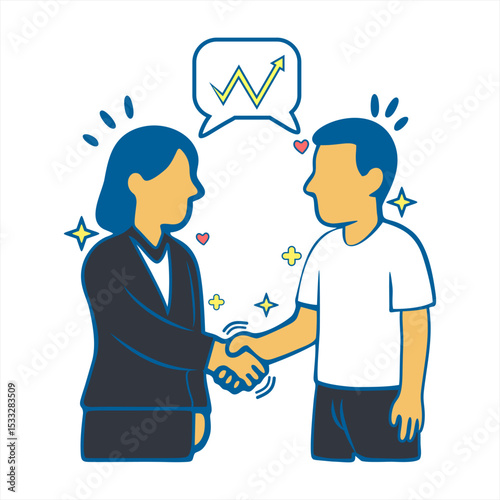 Business Collaboration and Productive Communication, A handshake between a businesswoman and a casually dressed man illustrates teamwork, cooperation, and professional interaction