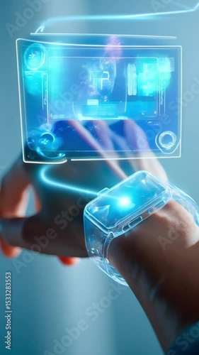 Human hand activates holographic wrist device as glowing interface expands on screen with particles. 4K.
