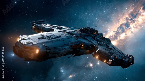 Futuristic spaceship orbits through deep space as camera tracks around with glowing galaxy background. 4K.
