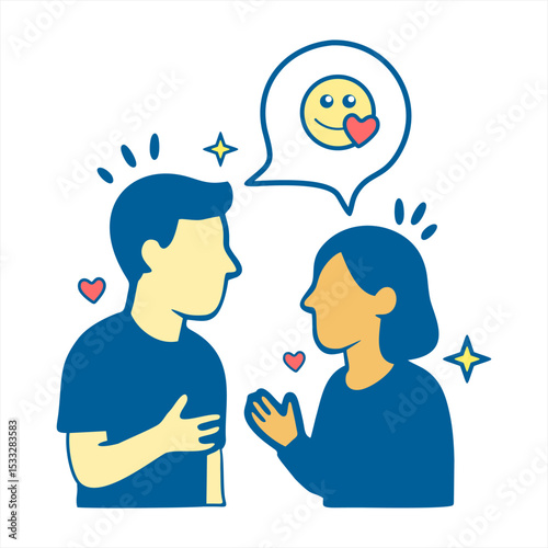 Friendly Conversation and Emotional Support, A heartfelt exchange between two friends, discussing emotions and empathy, with a smiling face and heart symbol in the speech bubble