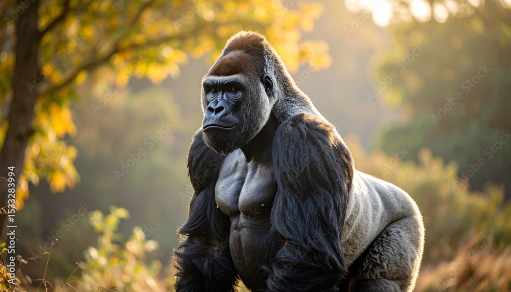 Fototapeta premium A silverback gorilla standing and looking alert and menacing against a natural background.
