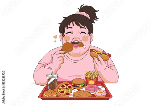 Happy Overweight Girl Enjoying a Delicious Meal of Junk Food  Illustration of Unhealthy Eating Habits and Weight Gain