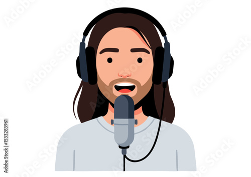 Podcast Host, Male Podcaster, Voiceover Artist, Audio Recording, Studio Musician  A Vibrant Illustration of a Person with Headphones and Microphone, Ready to Record an Engaging Podcast or Voiceover