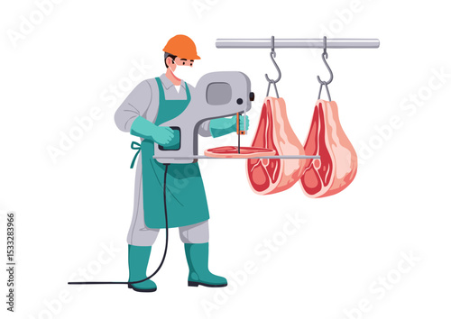 Meat Processing Butcher Using a Band Saw to Cut and Prepare Premium Cuts of Meat for Retail and Wholesale