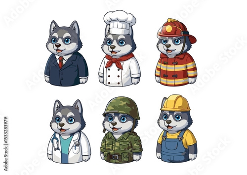 Adorable Husky Dog in Various Professions Cartoon Illustrations of a Businessman, Chef, Firefighter, Doctor, Soldier, and Construction Worker