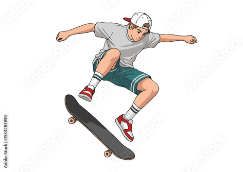 Dynamic Skateboarding Illustration Young Skater Executing an Air Trick, High-Flying Action Shot, Sporty Graphic Design Element