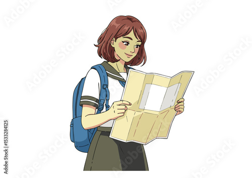 Young Woman Tourist Studying a Map, Planning an Adventure  Travel Illustration