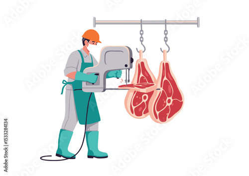 Meat Cutting Butcher Using Band Saw to Precisely Portion Raw Meat for Retail Sale