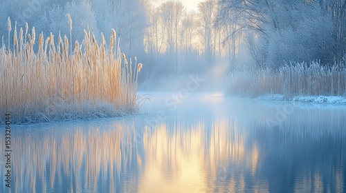 Frozen reeds reflecting a breathtaking winter sunrise over a misty river, capturing natureâ€™s beauty