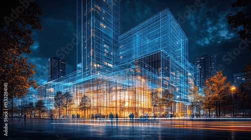 Futuristic Concept of a Smart City Construction Project with Architectural Blueprints Overlay 