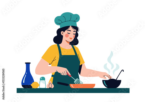 Passionate Female Chef Cooking Delicious Food in Kitchen Culinary Expertise and Homemade Meals